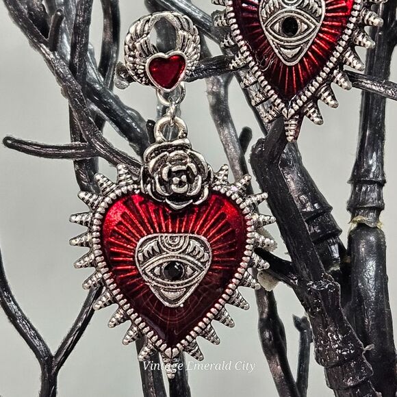Love All Seing Dangle Earrings Rose & Heart Spikes Mystical Eye Red Enamel Goth - Picture 12 of 15